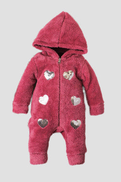 Kız Bebek Tulum Pul Payetli Kalpli Kapüşonlu Peluş Kız Bebek Tulum 0-12 Ay