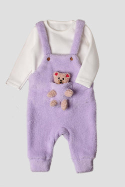 Kız Bebek Peluş Ayıcık Cepli Askılı Tulumlu 2’li Takım 6-24 Ay