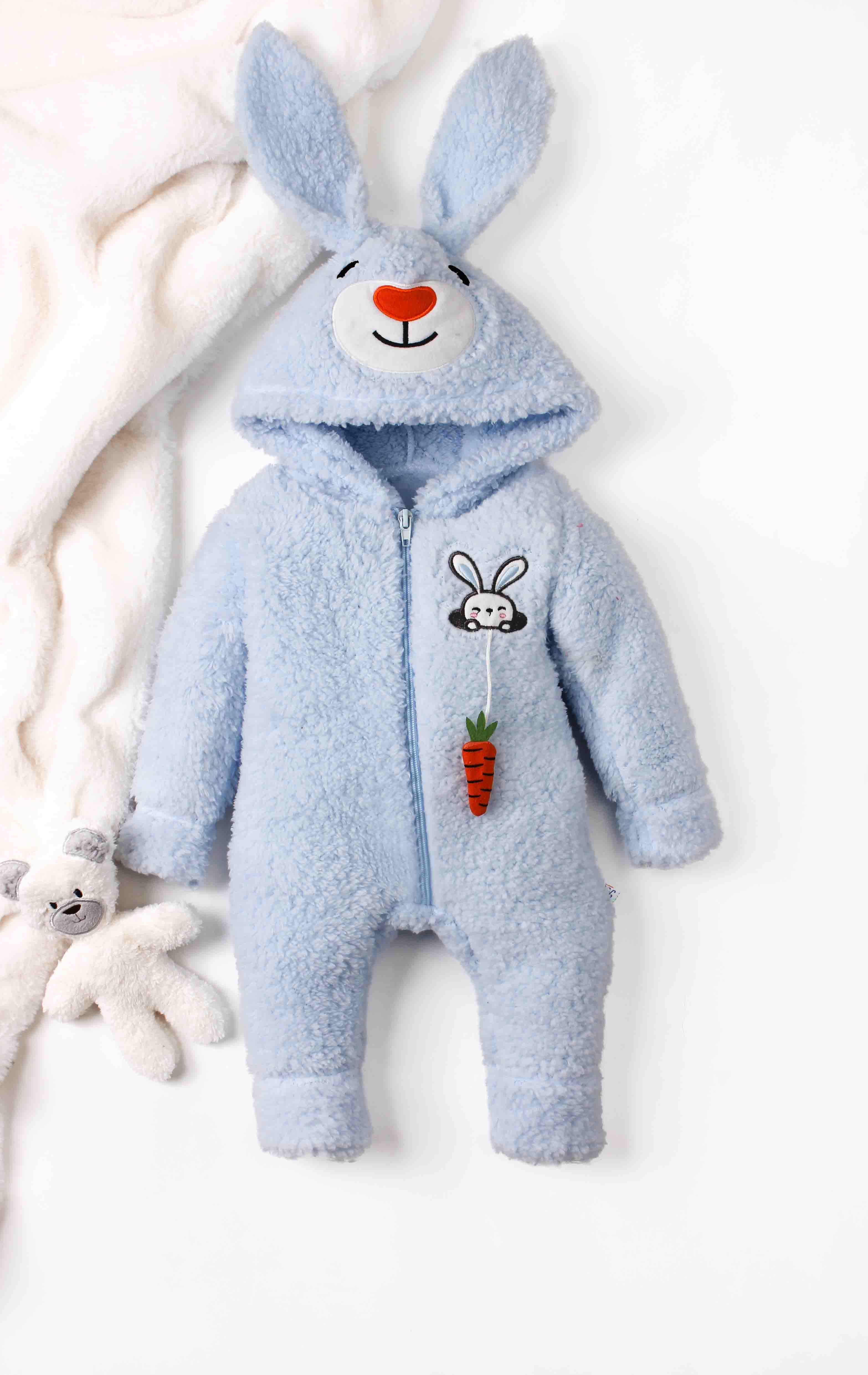Unisex Tavşan Kulaklı Havuç Aplikeli Peluş Bebek Tulum 0-12 Ay