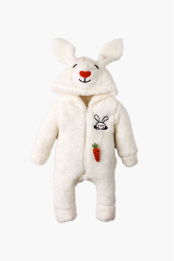 Unisex Tavşan Kulaklı Havuç Aplikeli Peluş Bebek Tulum 0-12 Ay
