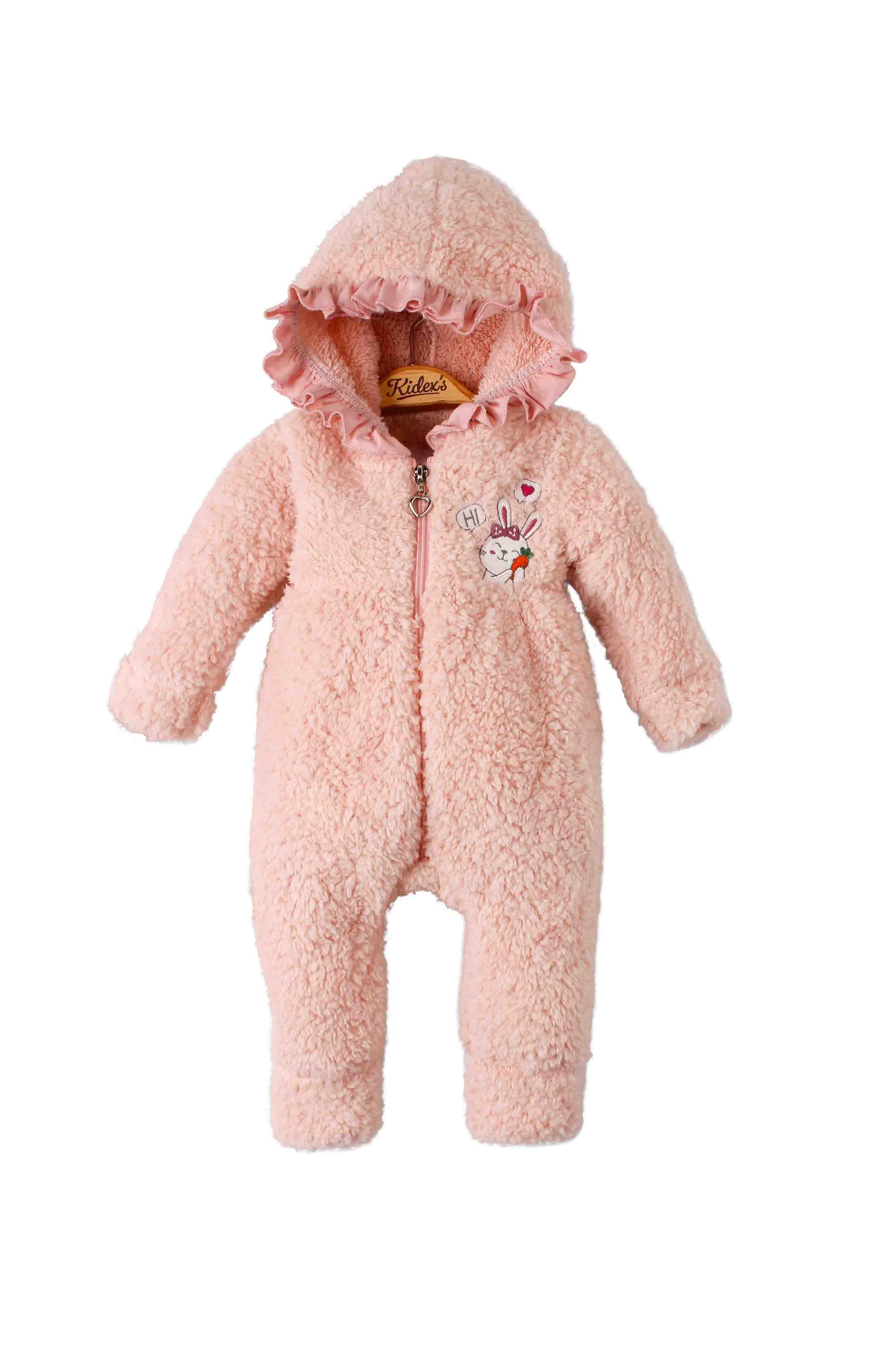 Kız Bebek Tavşan Nakışlı Fırfırlı Kapüşonlu Fermuarlı Peluş Tulum 3 12 Ay
