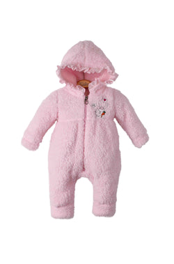 Kız Bebek Tavşan Nakışlı Fırfırlı Kapüşonlu Fermuarlı Peluş Tulum 3 12 Ay
