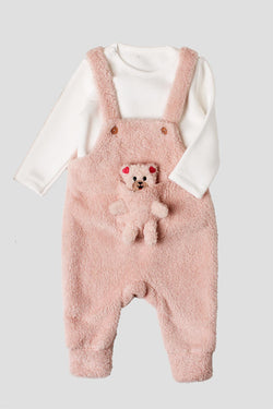 Kız Bebek Peluş Ayıcık Cepli Askılı Tulumlu 2’li Takım 6-24 Ay