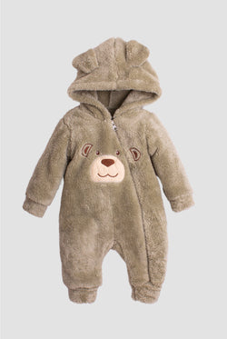 Unisex Kapüşonlu Gülümseyen Ayıcık Desenli Peluş Bebek Tulum 0-12 Ay