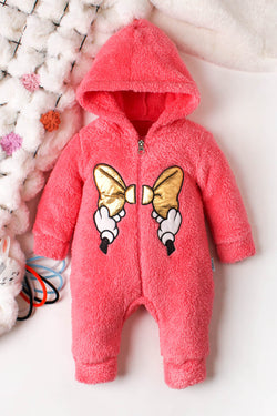 Kız Bebek Altın Fiyonklu Peluş Fermuarlı Tulum Kapüşonlu 0 12 Ay