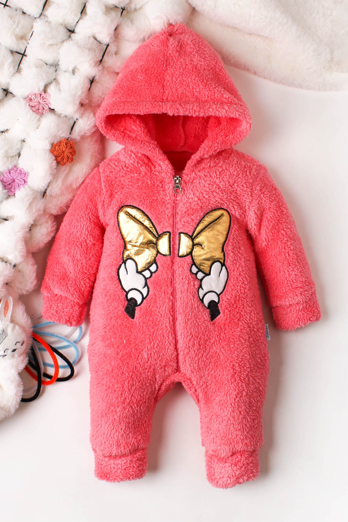 Kız Bebek Altın Fiyonklu Peluş Fermuarlı Tulum Kapüşonlu 0 12 Ay