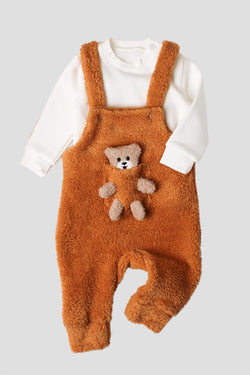 Unisex Peluş Ayıcık Cepli Askılı Tulumlu 2’li Takım 6-24 Ay