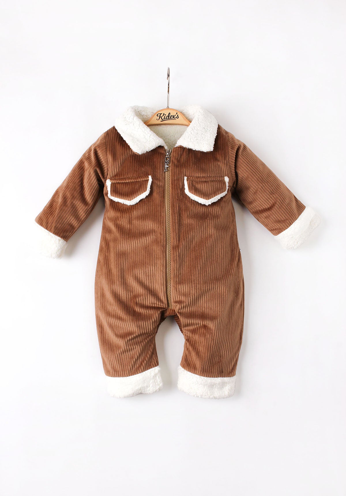 Erkek Bebek Peluş Astarlı Cepli Kadife Görünümlü Tulum 0-12 Ay