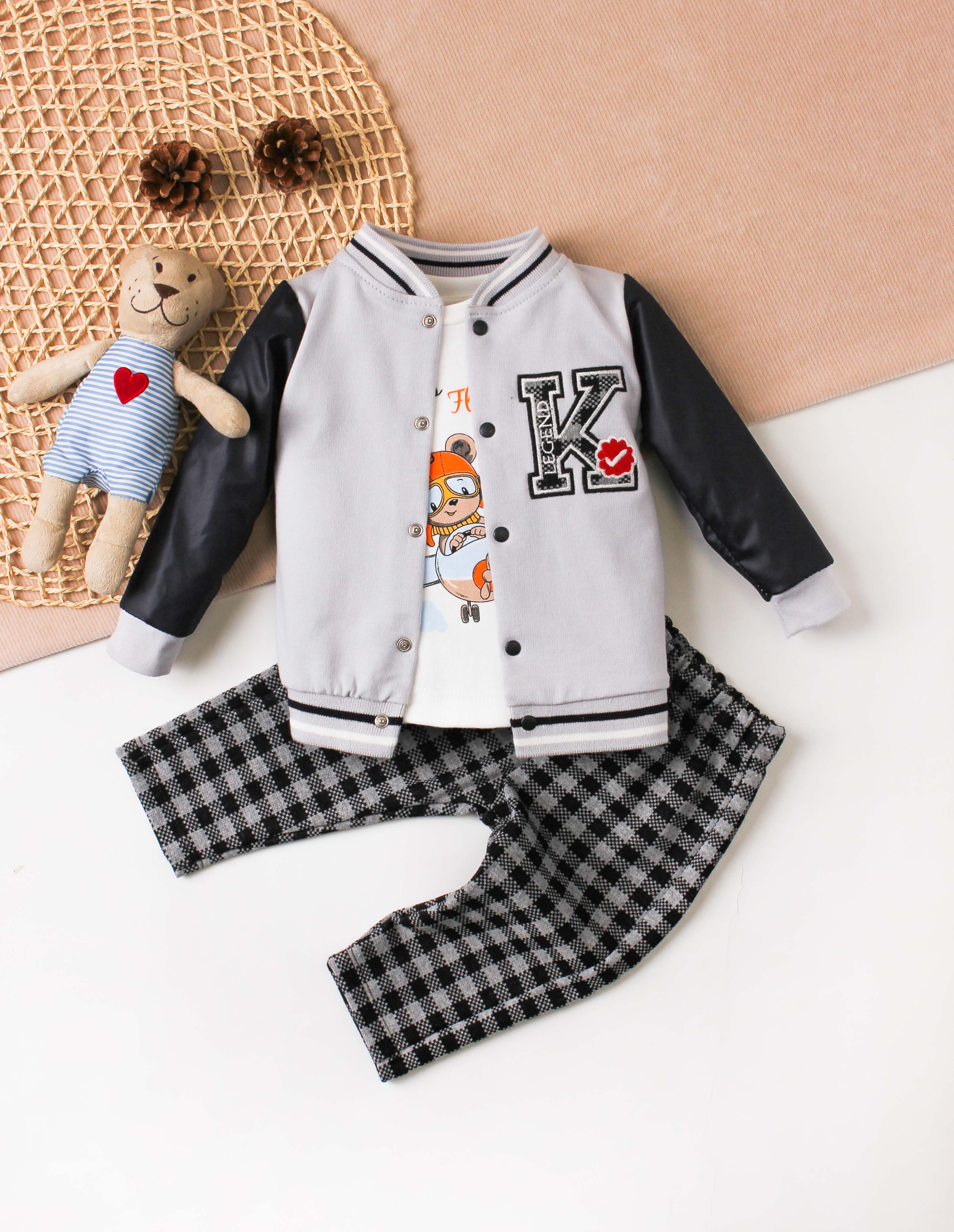 Bebek Kolej Ceketli Ekose Pantolonlu Unisex 3'lü Takım 9-24 Ay