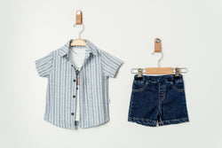 Erkek Bebek Yazlık Palms Beach Gömlekli Denim Şort Takım 3’lü Kombin 9-24 Ay