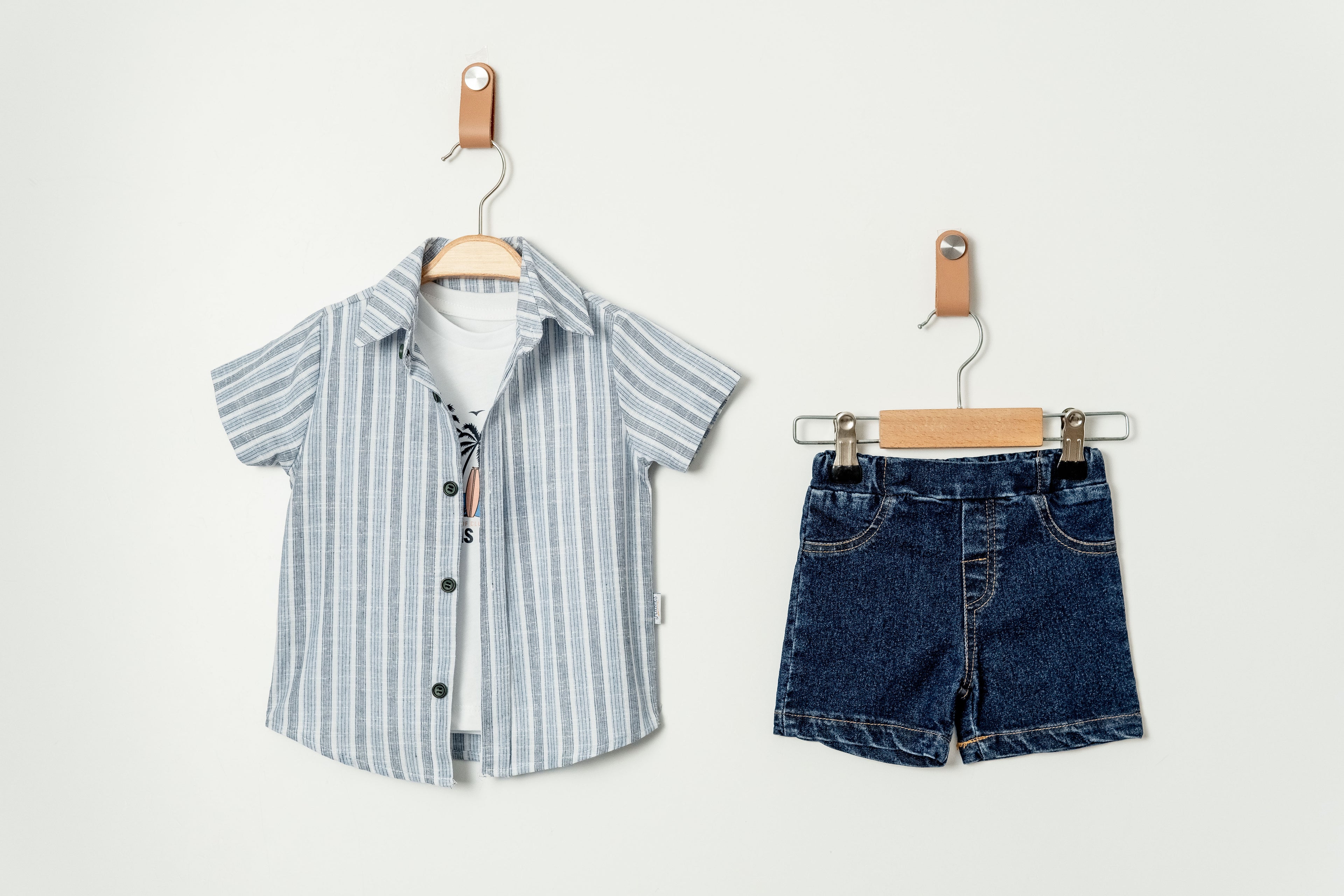 Erkek Bebek Yazlık Palms Beach Gömlekli Denim Şort Takım 3’lü Kombin 9-24 Ay