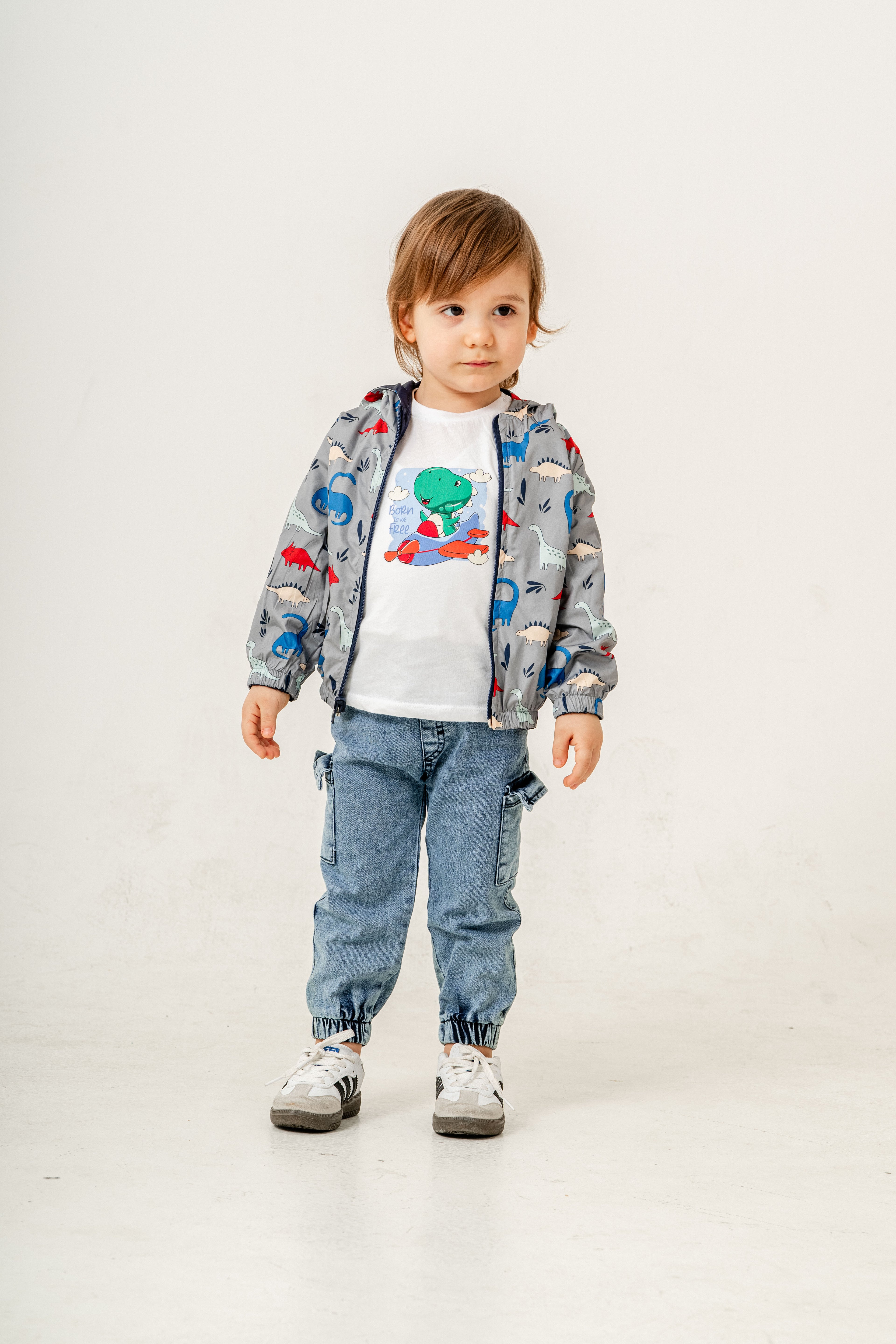 Erkek Bebek Takım Dinozor Desenli Rüzgarlık Ceket Baskılı Tişört ve Cepli Jogger Kot Pantolon Kombini 9-24 Ay