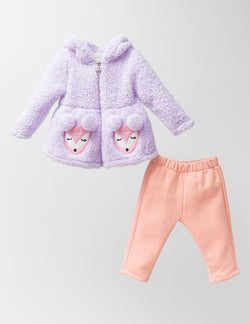 Kız Bebek Geyik Baskılı Tişörtlü Peluş Montlu 3’lü Takım 6-24 Ay