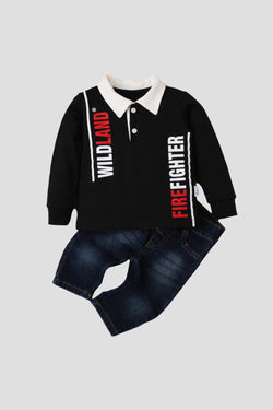 Erkek Bebek Polo Yaka Wildland Firefighter Baskılı Kot Pantolonlu 2'li Takım 9 24 Ay