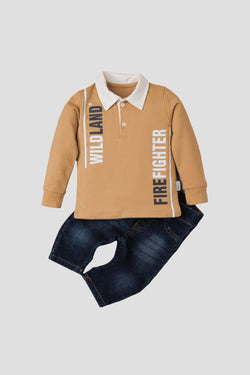 Erkek Bebek Polo Yaka Wildland Firefighter Baskılı Kot Pantolonlu 2'li Takım 9 24 Ay