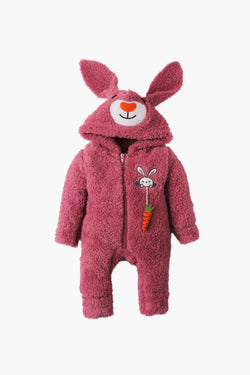 Unisex Tavşan Kulaklı Havuç Aplikeli Peluş Bebek Tulum 0-12 Ay